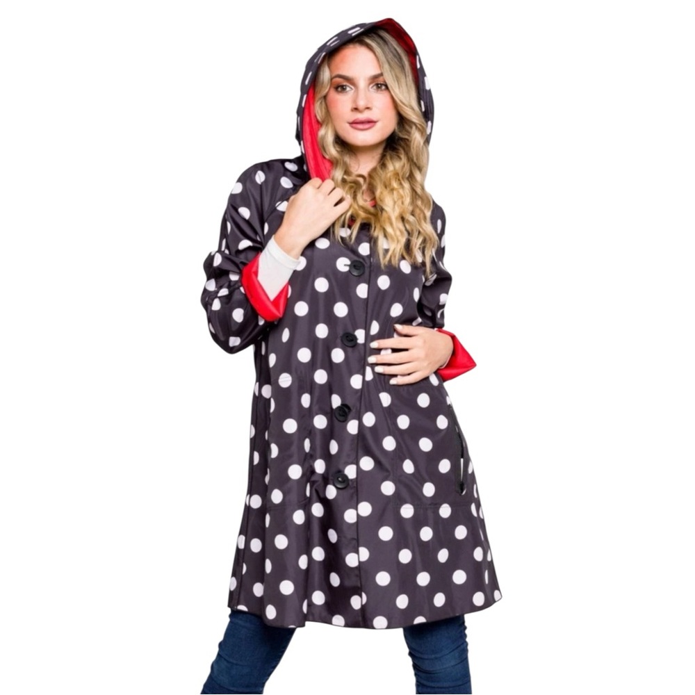 UbU Black & Red with White Polka Dot‎ Hooded Trench Raincoat Coat